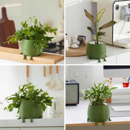 Image of 5.2 Inch Hydroponic Happy Face Planter with 3 Interchangeable Grow Baskets, Water Culture Pot for Pothos, Lucky Bamboo & Plant Propagation, Decorative Desktop Planter for Home & Office, Dark Green