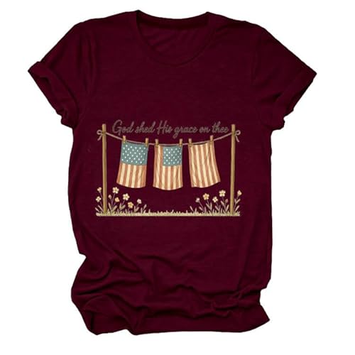 GAQEUWR Independence Day Shirt for Women, God Shed His Grace on Thee T-Shirt, Christian Jesus Short Sleeve Tee Tops Wine Red
