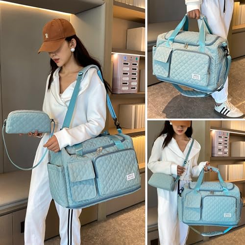 Image of Small Gym Bag for Women, Travel Duffle Bag Carry On Weekender Bag with Shoe Compartment, B1#Lake Blue, Weekender Bag&toiletry Bag