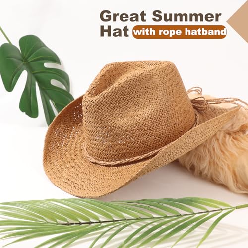 Image of DRESHOW Straw Cowboy Cowgirl Hat for Women Men Western Coastal Cowboy Beach Hat with Shapeable Brim Unisex Rolled up Caps