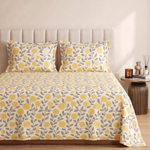 Image of VAS COLLECTIONS Premium 240 TC Cotton Double Bedsheet Set with 2 Pillow Covers | Breathable Floral Print Bedding | Fade Resistant | 228 x 254 cm, Ochre & Charcoal, Double Flat (90x100) Charcoal