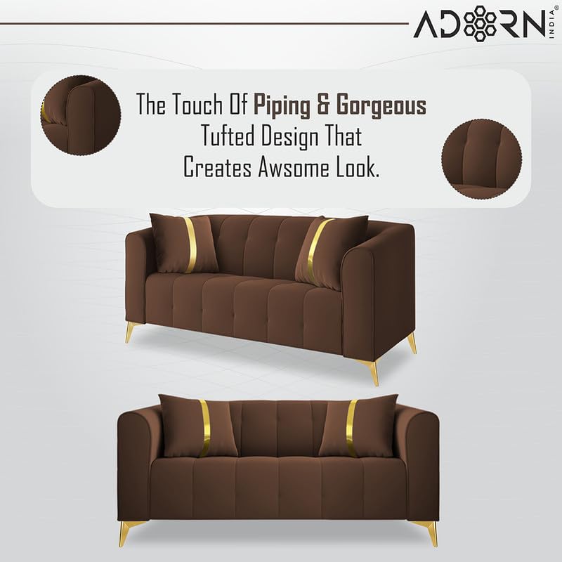 Image of Adorn India Premium Mystic - 3 Years Warranty - 3+2 Sofa Set Velvet Suede Fabric - Brown