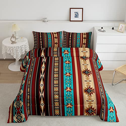 Erosebridal Aztec Bedding Set Twin Ethnic Tribal Arrow Western Quilt,Indian Tribe Geometry Comforter Set Exotic Nordic Style Duvet Insert,Geometric Western Boho Decor,Messy Red Brown Blue