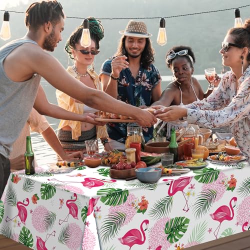 Image of 6 Pack Summer Flamingo Tablecloth Party Decorations, Hawaiian Tropical Plastic Table Cloth, Disposable Luau Table Cover for Summer Flamingo Picnic Birthday Party Supplies Decorations, 54 inch x 108 inch