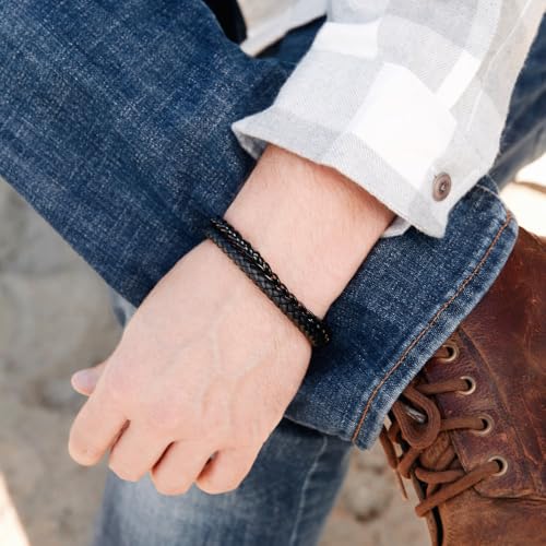 EVE'S ADDICTION Men's Chain & Black Leather Bracelet - Birthday Gift for Men - Bracelet for Men - Gifts for Dad3