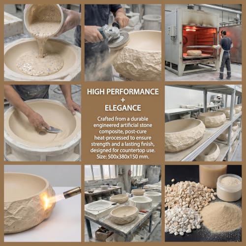 Image of BASSINO 20x15x6 Inches Artificial Stone Table Top Washbasin /Ivory-Beige Stone Texture Luxury Countertop Sink /Modern Rock Finish Wash Basin for Home-Hotel /Designer Oval Shape Basin for Bathroom(Matt)