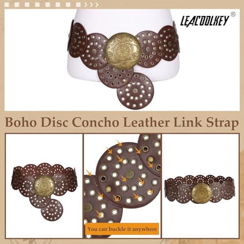 Women Western Leather Belt Boho Dics Conch Waist Belt for Dress Jeans4