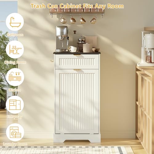 Image of Single 13 Gallon Tilt Out Trash Can Cabinet,Garbage Cabinet with Drawer | Hidden Garbage Storage with Fluted Design, Drawer & Hooks for Kitchen, Dining Room and Small Space Organization,White