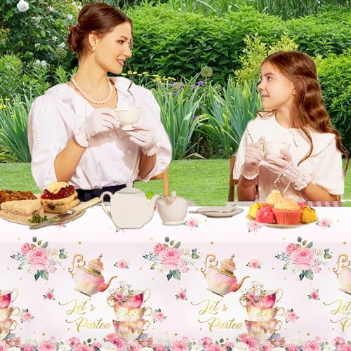 Image of Pink Floral Tea Party Tablecloth, Girls Tea Party Birthday Supplies 3pcs Let's Partea Spring Disposable Table Cover for Baby Shower, Floral Birthday Decorations