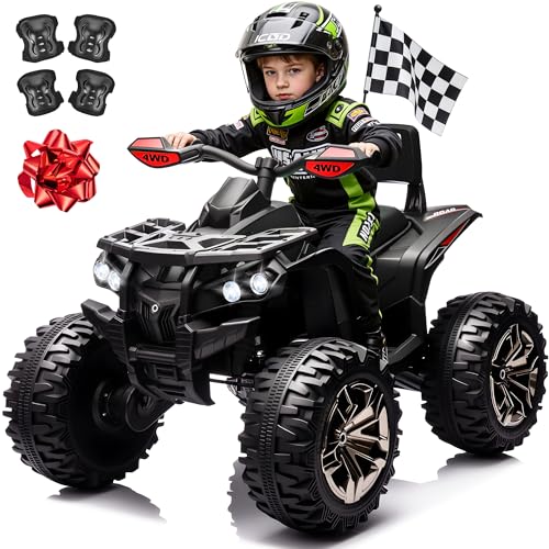 JORFLY 24V Kids ATV 4 Wheeler w/ 800W Motors, 9AH Battery Powered Electric Car w/Remote Control, 3 Speeds, Shock Absorbers, Bluetooth, 4x4 Quad for Kids Ages 3-8, Black