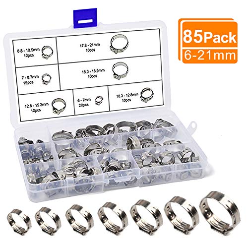 Pipes Hose Clips, AOBETAK 85 PCS 6-21mm Hose Pipe Clamp,304 Stainless Steel Adjustable Single Ear Stepless Clamps Rings, with Storage Case