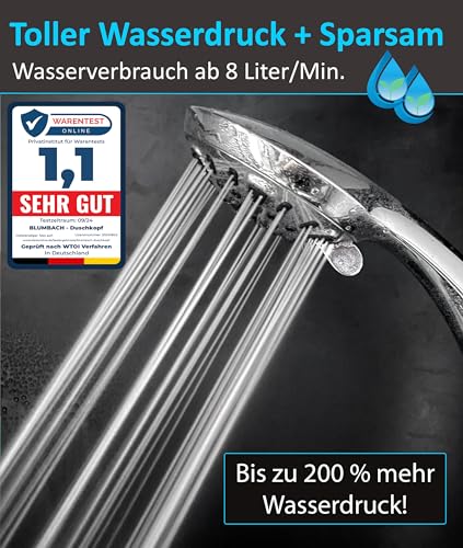 BLUMBACH® Duschkopf wassersparend - Hochdruck Duschkopf Aqua Joy - 8 Strahlarten, Duschbrause druckerhöhend, Brausekopf, Shower Head, wassersparender Sparduschkopf, hoher Wasserdruck starker Strahl