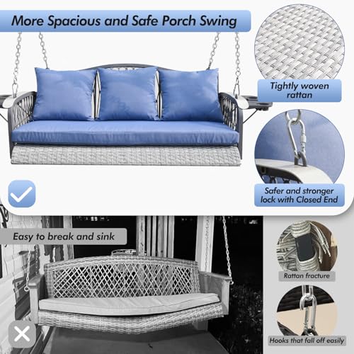 Heavy Duty Wicker Porch Swing 3-Seat Outdoor Patio with Cushions & 8.9ft Chains