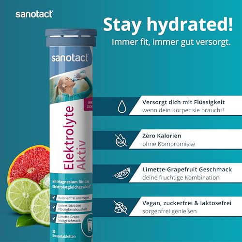 sanotact Elektrolyte Aktiv – 20 Brausetabletten – Mit Magnesium, Natrium & Kalium – Kalorienfrei, zuckerfrei, vegan – Limette-Grapefruit Geschmack – Elektrolyt Made in Germany