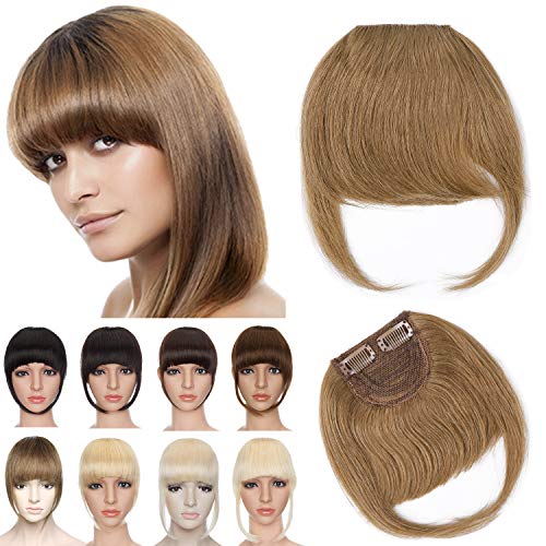 S-noilite Clip in Hair Bangs Human Hair with Temples Thick Clip on Bangs Hairpiece 2 Clips Natural Blunt Cut Bangs Extension For Women Adding Hair Volume 23g #6 Light Brown