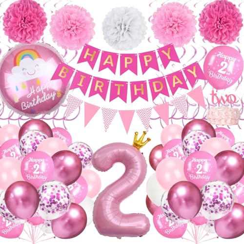 2nd Birthday Decorations for Girls Pink 2nd Party Decorations Set with Pink Number 2 Foil Happy Birthday Banner Paper Pompoms for Girls 2 Years Party Supplies