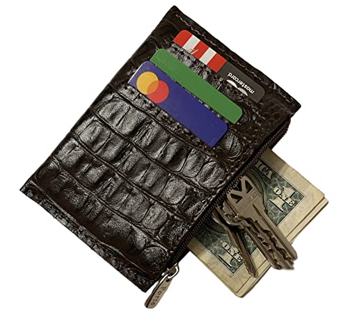 Real Leather Zipper Credit Card Holder - Handmade 100% Genuine Cow Leather Business Card Case Coin Purse Pocket Embossed Reptile Pattern - Caiman Brown4
