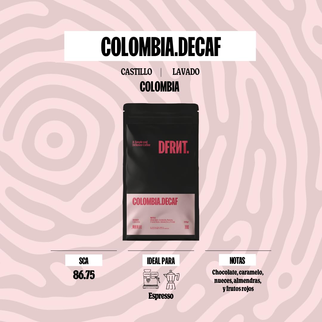 DFRNT. Colombia Descafeinado 500g (86.75 Puntos SCA) – Café de Especialidad en Grano - Descafeinado con Proceso Natural de Caña de Azúcar (EA) – 100% Arábica – Notas Chocolate y Caramelo - Espresso