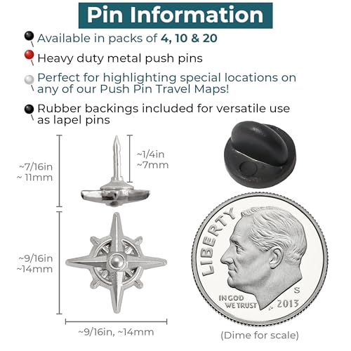 Image of Compass Push Pins - Silver Metal Compass Rose Pins - for Cork Board, Maps, or Lapel Pin Use - Designed in USA - Set of 4