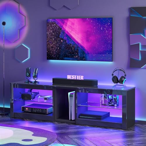 Bestier High Gloss TV Stand for 70 inch TV, Gaming Entertainment Center for PS5, LED TV Cabinet with Glass Shelves for Living Room, 63'' Inch, Glossy Black