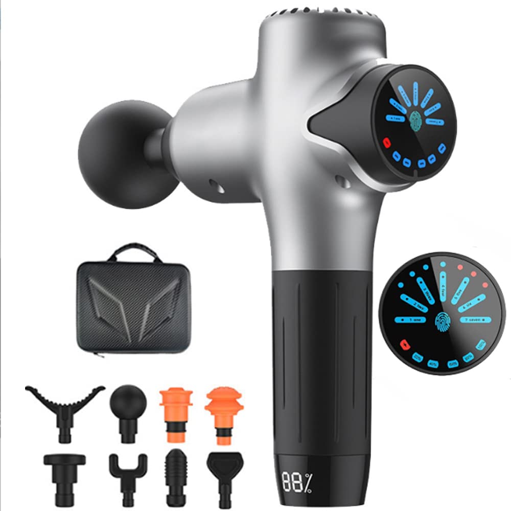 Pistola de masaje,portátil de mano con percusión tejido profundo de percusión muscular para atletas,silencioso para relajación profunda,con 8 cabezales de masaje/pantalla táctil LCD (plata)