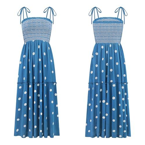 Image of R.Vivimos Womens Summer Cotton Boho Midi Dress 2026 Spaghetti Strap Floral Embroidered Smocked Tiered Flowy Long Dresses