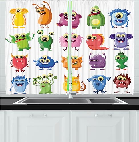 Ambesonne Outer Space Kitchen Curtains, Little Monsters with Funny Goofy Gestures Bacteria Beasts Kids Themed, Window Drapes 2 Panel Set for Kitchen Cafe Decor, 55