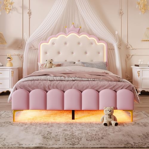 Lubvtti Cama Acolchada 140 x 200 cm con LED,Cama Individual en Forma de Corona de Princesa,Cama Infantil,Cama Matrimonio,Estructura Cama 140 x 200 con somier de láminas, PU,Rosa