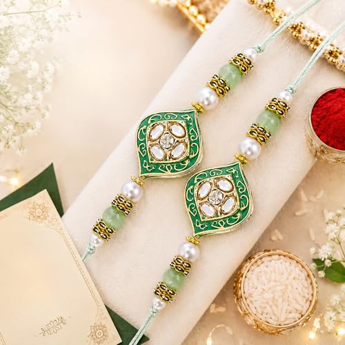 Image of I Jewels Traditional Designer Pearl Beaded Stone Rakhi Combo with Roli Chawal & Raksha Bandhan Card for Men /Boys /Brother (Pack of 2) (R188Min-2)