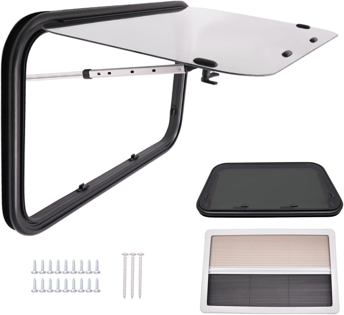 RV Exit Window, 36" W×22" H Tinted RV Window with Net Screen and Trim Ring RV Camper Windows Replacement for Cargo, Camper, Trailer Aluminum Frame RV Emergency Window for 1.18'' Walls