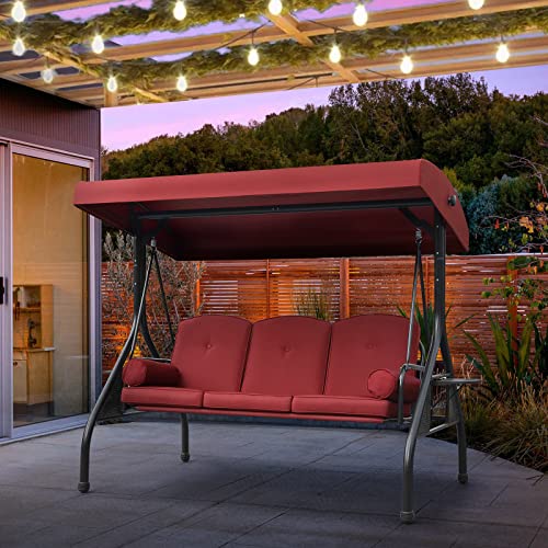 Noblemood Patio Porch Swing, 3-Seat Outdoor Swing With Adjustable Canopy, Thickened Cushion, Pillow And Foldable Side Tray For Patio, Backyard, Porch Swing Bed For Spring(Burgundy) #TOP6