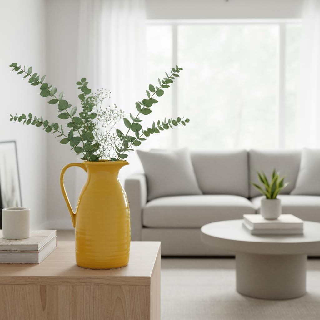 hjn Farmhouse Pitcher Vase for Flowers- Decrative Pitchers White Ceramic Pitcher Yellow Vase for Your Kitchen/Home Decor/Office/Living Room/Bookshelf/Mantel/-Yellow - Image 2