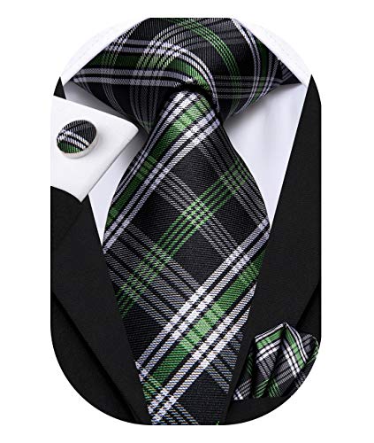 Hi-Tie Green and Black Plaid Necktie for Men with Pocket Square and Cufflinks