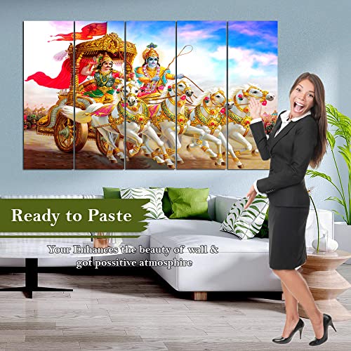 Image of Spacter art Krishna Arjun Mahabharat Rath Chariot Digital paintings Wall Painting Wall Decor for Bedroom, Office, Hotels - Peaceful Digital Painting Wooden Framed for Gifting (30x60 inch) SP48