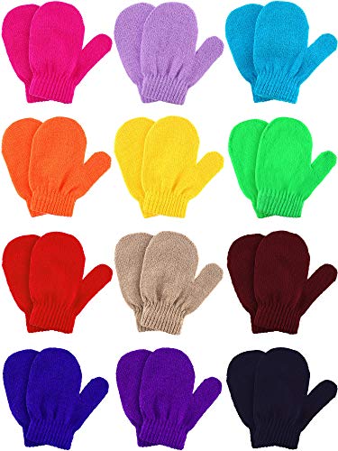 Boao 12 Pairs Mittens For Toddler Winter Gloves Kids Knitted Warm Magic Mittens For Boys Girls Kids Supplies (Khaki, Camel, Dark Blue And Colorful Candy Color) #TOP18