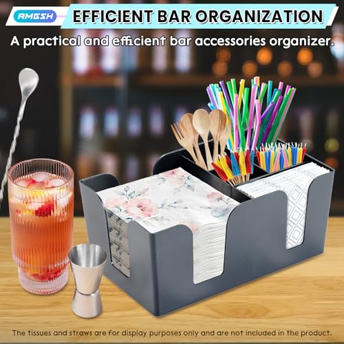 AMGSH 1 Pack 6-Compartment Bar Caddy Napkin & Straw Holder Organizer, Premium Black Plastic Bar Caddy Organizer for Napkins, Straws, Condiments, Stylish Bar Caddy for Home, Office, Kitchen, and Bars