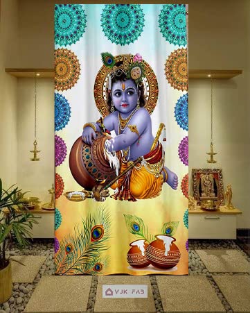 Image of 3D Digital Printed Heavy Fabric Bal Gopal Krishna God Design Curtains for Pooja Room /Temple /Home /4x9 feet /Set of 1 Pc