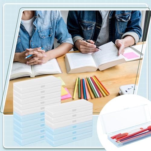 Image of Fainne 80 Pieces Back to School Plastic Pencil Boxes Pencil Case Bulk Frosted Clear Multi Colored Pens Holder Stackable Container with Lid & Snap for Stationery Office Classroom(White Blue)