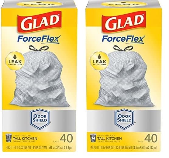 Glad ForceFlex - Bolsas de basura altas con cordón para cocina, 13 galones, OdorShield, 40 unidades (paquete de 2)