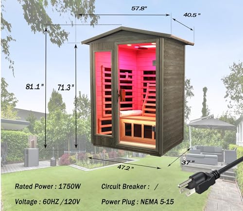 Image of LTCCDSS Full Spectrum Outdoor Sauna 2 Person, Ultra-Low EMF Carbonized Composite Wood Far Infrared Sauna for Home, EMF 0.1-1mG, Bluetooth & Chromotherapy