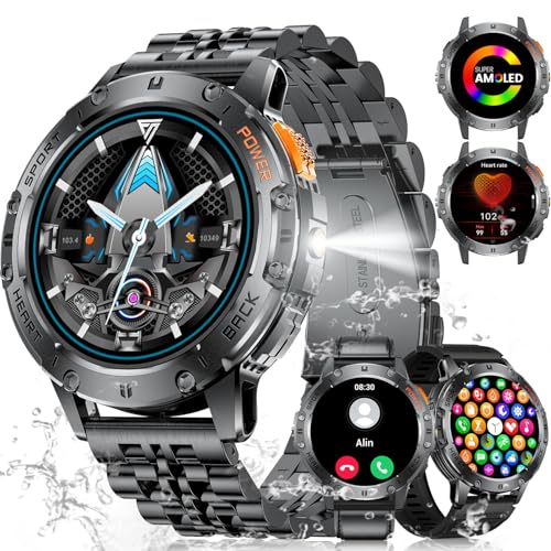 ESFOE Smartwatch Herren mit 530mAh Akku, 1.43'' Milit&auml;r Smartwatch mit LED Taschenlampe, Telefonfunktion, 3ATM Wasserdicht Robuste Outdoor Uhren mit 24H Gesundheits-Screening f&uuml;r Android iOS, 3 Gurte