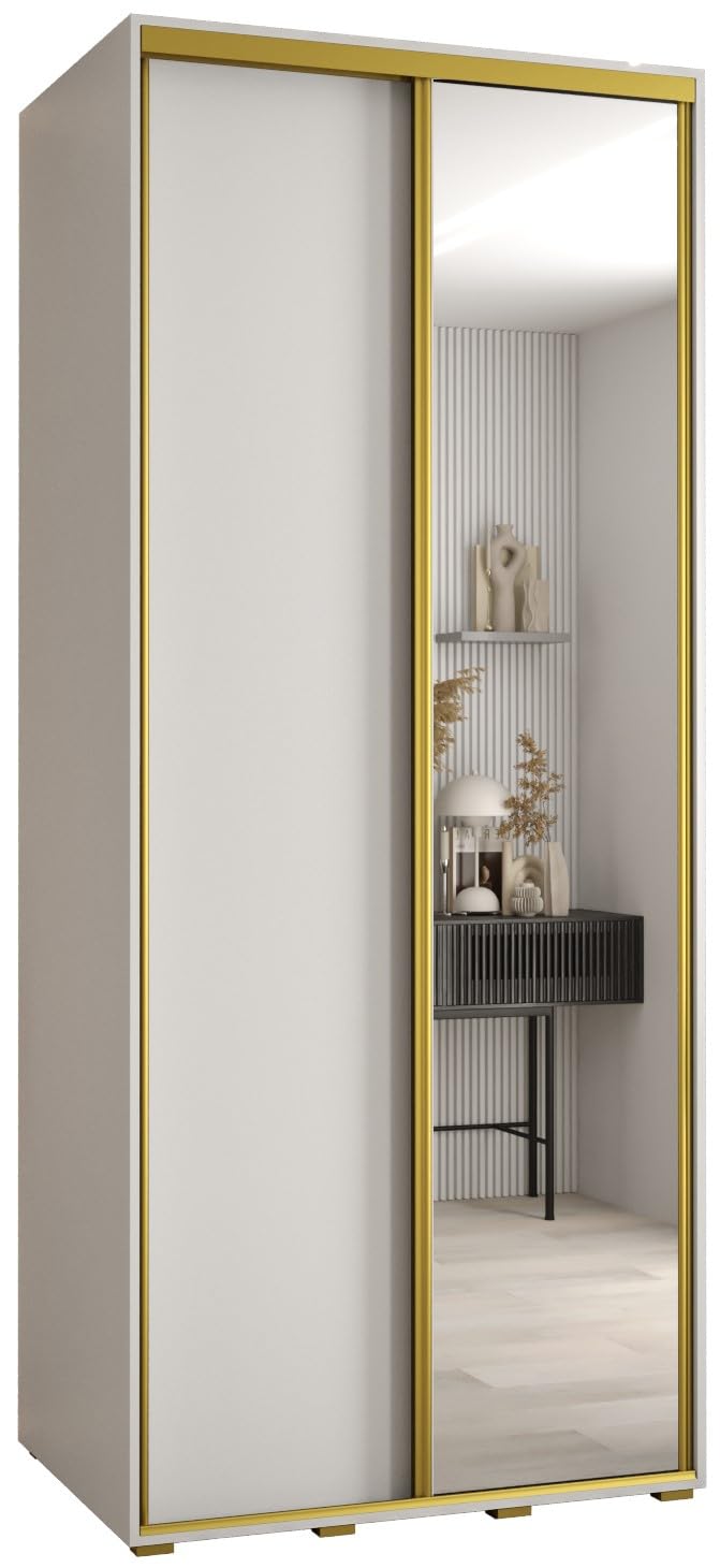 Armadio moderno a 3 ante scorrevoli con specchio e barra portaoggetti, elegante arredamento per camera da letto e soggiorno, 205,2 x 100 x 60 cm, elegante finitura oro