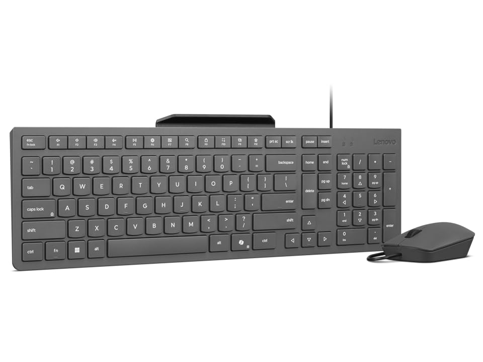 Lenovo 310 USB-A Combo Teclado y Ratón con Cable (Ratón Sensor Óptico Rojo, 2000 dpi, 3 Botones, Scroll, Teclado Resistente a Salpicaduras, Soporte para Móvil, USB-A) QWERTY Español - Gris