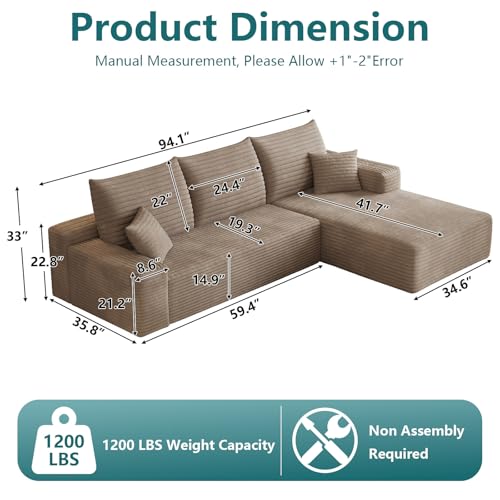 Image of 95 inch Modular Sectional Couch, Boneless L Shaped Cloud Sofa with Chaise Lounge, Corduroy Upholstered Couches Memory Foam Deep Seat, No Assembly Required, Ideal for Living Room(Camel, Right Facing)