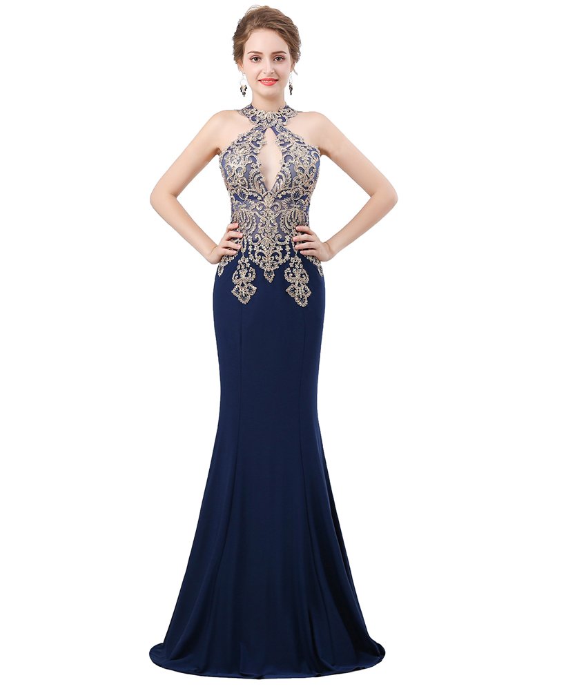 Zechun Women Mermaid Deep V Neck Long Sleeve Prom Dress Sheer Back Evening Gown