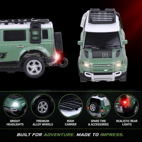 Image of 1:64 Scale RC 4x4 SUV Alloy Die-Cast Remote Control Car - 2.4GHz Rechargeable Off-Road Crawler with LED Lights | Roof Rack Spare Tire for Kids 6+ Years (Green)