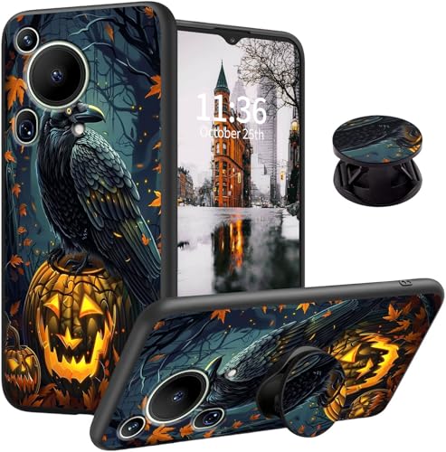 Qindaiwen Designed for Huawei Pura 70 Ultra Case with Finger Expanding Stand Holder, Soft TPU Silicone Slim Phone Cover Shockproof Drop Proof Protective for Pura 70 Ultra, Black Raven 02