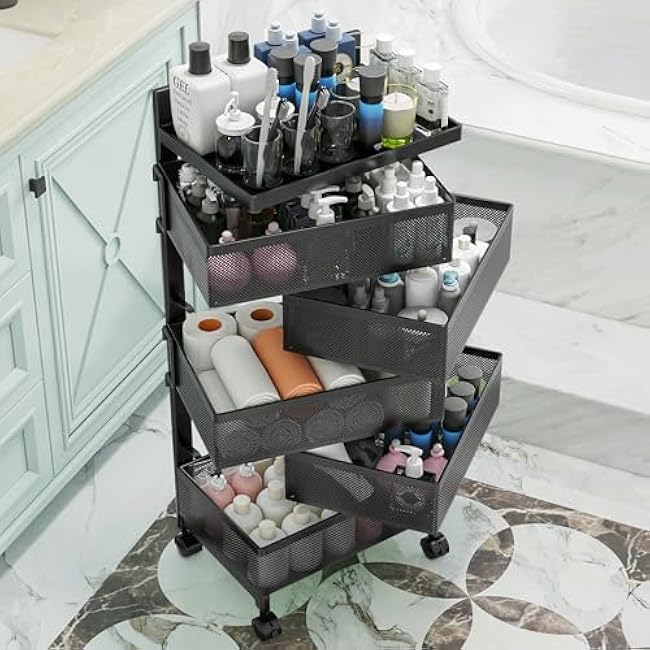 Rolling Rotating Storage Cart No Assembly Required£¬Bathroom Shelf Fruit and Vegetable Basket for Kitchen,Storage Drawer Organizer Cart £¬Metal Utility cart on Wheels(Black, 5 Tier-Square)-1qUq7UTv