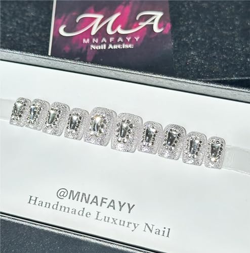 MNAFAYY 100% Handmade Nails Silver Short Medium Press On Nails Full Cover 3D Rhinestone Crystal Gorgeous Reusable UV Finished Fake False Nails With Box Gifts for Women S