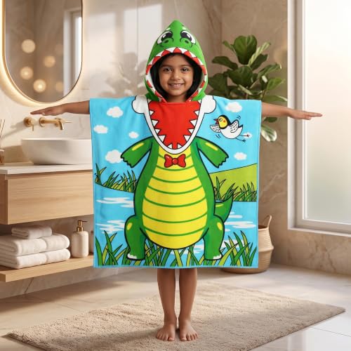 Image of Kids Poncho Towel 300GSM 120x60 CM, Crocodile, Jungle Green